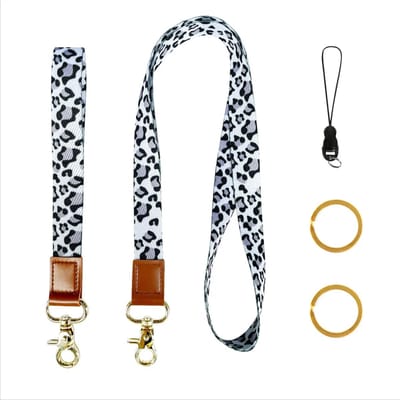 Travel Cords - Keycord Set Luipaard Grijs-Zwart-Wit 5-Delig – 2 Luxe Lanyards met Sleutelringen en Telefoonkoord – Nylon Keycord voor Sleutels, Auto & Telefoon
