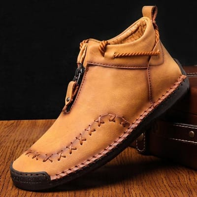 Winter Casual Herenschoenen Handgestikt Waterdicht Antislip Heren Rubberlaarzen Comfortabele Platte Hoge Top Enkellaarsjes 46 geel