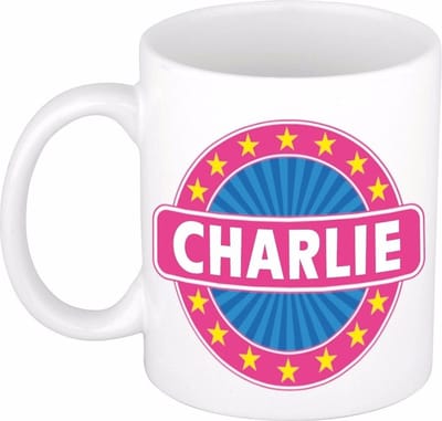 Bellatio Decorations - Charlie voornaam - koffiemok - beker - wit/roze - 300 ml - Cadeau - Dames - Collega - Moederdag - Verjaardag