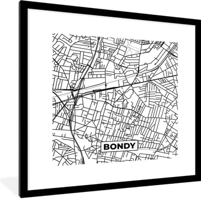 Fotolijst incl. Poster Zwart Wit- Kaart - Bondy - Stadskaart - Frankrijk - Plattegrond - Zwart wit - 40x40 cm - Posterlijst