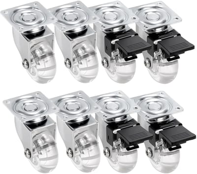 Set van 8 Stuks 2 Inch Zilveren Meubelwielen, Duurzame Polyurethaan Zwenkwielen met Rem en Zonder Rem, Ideaal voor Kantoormeubelen en Meubels