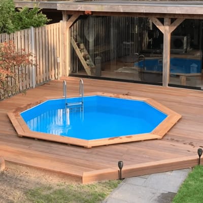 Interline zwembad Bali 3,55m rond - Houten constructie - Op- en inbouw - Inclusief filterset - Inclusief zwembadtrap - Gratis onderhoudsset