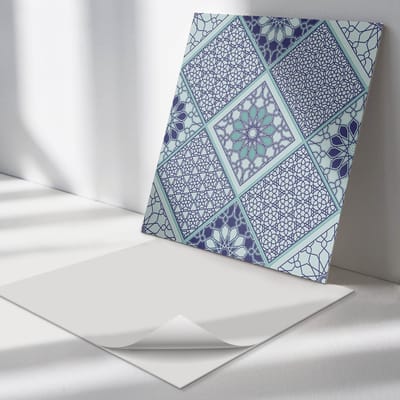 Wallfluent Vinyl Tegels - Geometrische Patronen in Mozaïek Vinyl Tegels Zelfklevend - 30 cm x 30 cm - Turkoois PVC Tegels - 9 stuks - Vierkant PVC Tegels - Patroon Plaktegels - Zelfklevende Vinyltegels - Plaktegels Keuken en Badkamer