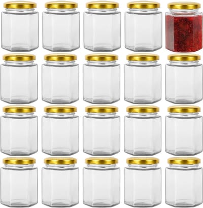 Set van 20 Stuks Hexagonale Glazen Potten met Gouden Deksel, Ideaal voor Jam, Honing, Specerijen en Voedselopslag