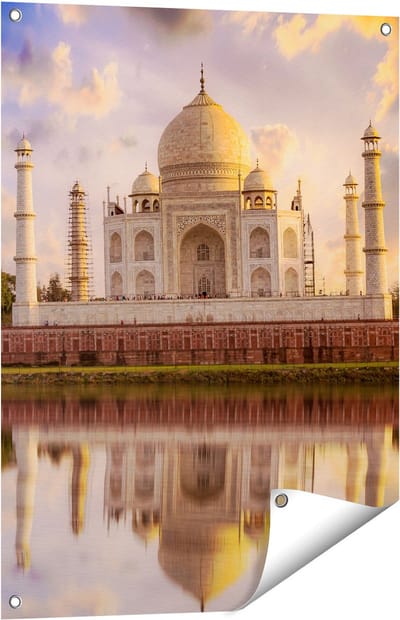 Gards Tuinposter Taj Mahal bij het Water in India - 60x80 cm - Tuindoek - Tuindecoratie - Wanddecoratie buiten - Tuinschilderij