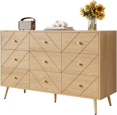 Kommode - 120x39x80 cm wit - 9 laden & metalen poten - geometrisch patroon - robuuste PB