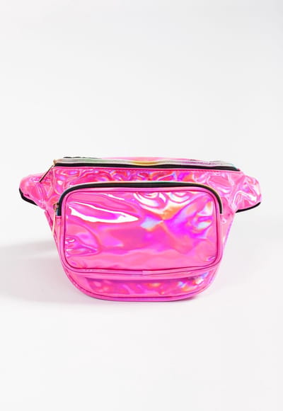 KIMU® Holografische Heuptas Roze - Fanny Pack 3 Vakken Zwarte Band Heuptasje Festival