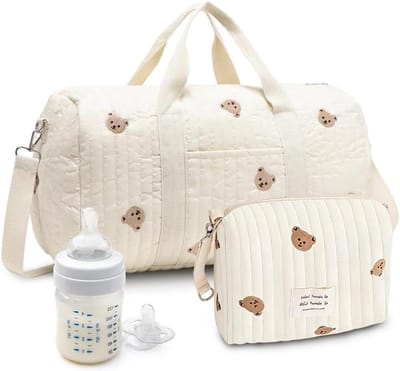 SnelShoppen - Luiertas Set van 2, Grote Kliniektas met Borduurwerk en Teddybeerpatroon, Katoenen Reistas met Schouderriem en Ritssluiting voor Geboort
