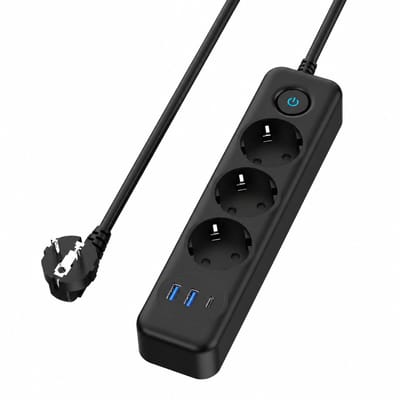 ECTEATOY® Stekkerdoos met USB-A & USB-C – 3 stopcontacten - 2m snoer - schakelaar en overbelastingsbeveiliging - zwart