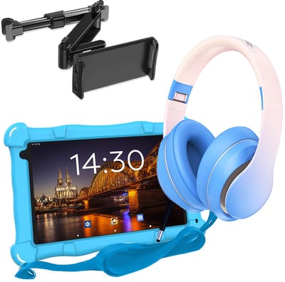 AngelTech Luxe OnderwegPakket SLIM – Kindertablet SLIM + Kinderkoptelefoon + Tablethouder - Android 15 - Kindertablet Vanaf 3 Jaar – Kinder Tablet – Kids Tablet - Tablet voor Kinderen - Blauw
