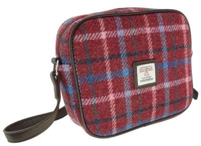 Schoudertas Almond Bordeaux rood met roze blauwe ruit - 19x21x7 - Harris Tweed - Glen Appin of Scotland