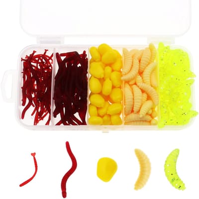 Dailygoods- Kunstmaden 250 Stuks - Zacht Kunststof - Regenworm/Mais/Madenvorm - Fluorescerend Rood/Geel/Groen/Wit - Duurzaam Visgereedschap - Aantrekkelijk voor Grote Vissen - Vishaak