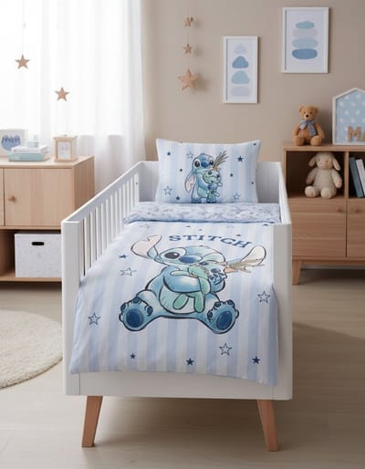 Baby Beddengoed Disney Stitch 100x140cm + Kussensloop 40x60cm – Zachte Blauwe Strepen – 100% Katoen – Officiële Disney Licentie