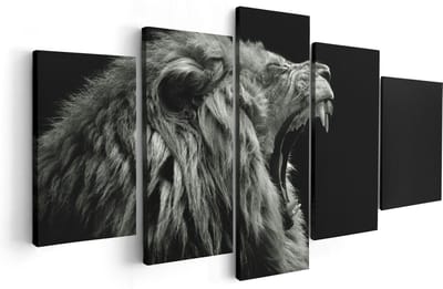 Artaza Canvas Schilderij Vijfluik Brullende Leeuw - Leeuwenkop - Zwart Wit - 100x50 - Foto Op Canvas - Canvas Print