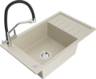 Mexen Elias granieten gootsteen 1-komors met afdruiprek en Duo keukenkraan, beige - 6511-69-671701-07
