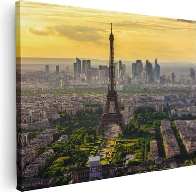 Artaza Canvas Schilderij Parijs - 80x60 cm - Wanddecoratie Eiffeltoren - Muurdecoratie Skyline - Schilderijen Op Canvas Zonsondergang