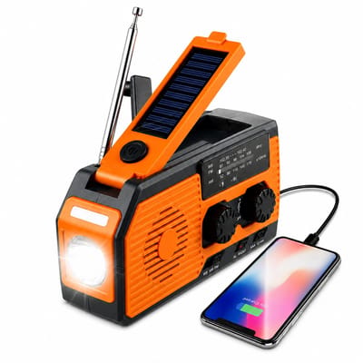 Gloovon® Noodradio - 5000mAh Powerbank - Solar & Handslinger - AM/FM/NOAA Ontvangst - Zaklamp & SOS Alarm - Oranje - IPX3