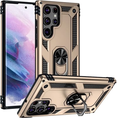 Samsung Galaxy S22 Ultra hybride backcover - Samsung Galaxy S22 Ultra ringstand hoesje - Hoesje Samsung Galaxy S22 Ultra - Samsung Galaxy S22 Ultra case - Goud