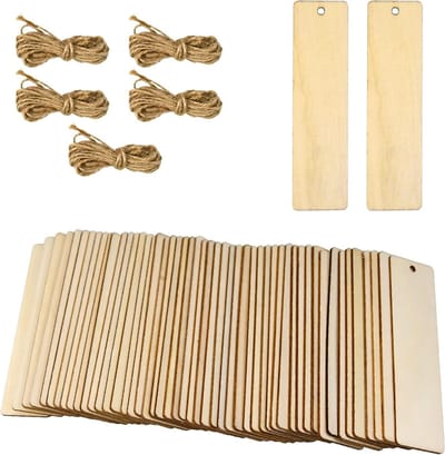 Houten lege boekenleggers voor DIY - 50 stuks, 12x3.2 cm, rechthoekig met gaten en touwtjes, ideaal voor kerst en verjaardagen, knutselprojecten en persoonlijke cadeaus