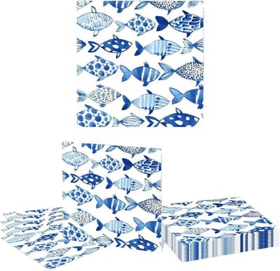 20 Stuks Oceaanvis Servetten in Blauwe Waterverf - Wegwerp Papieren Servetten voor Zomer Tafelversiering en Feestdecoratie