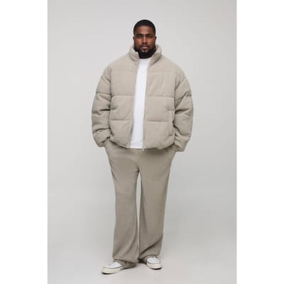 Plus Regular Fit Textured Faux Suede Funnel Neck Puffer Jacket | Grey | Size 2XL