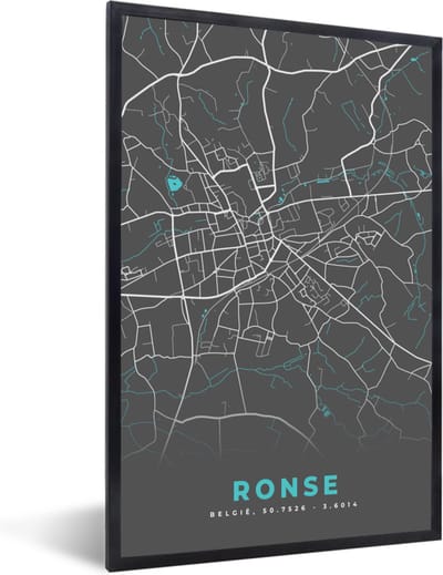 Fotolijst incl. Poster - België – Ronse – Stadskaart – Kaart – Blauw – Plattegrond - 40x60 cm - Posterlijst
