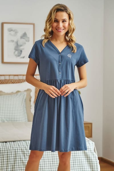 Doctor Nap Katoenen Nachthemd Borstvoeding Zwangerschap TB.5336 Deep Blue 40 / L