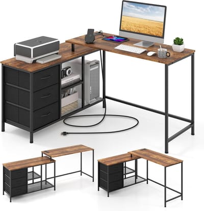 COSTWAY L-vormig bureau met stopcontact, omkeerbaar hoekbureau met 3 stoffen laden en roosterplanken, 205 cm lange computertafel, hoektafel voor thuiskantoor (rustiek bruin)