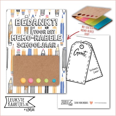 Kaartkadootje -> Memo-blokje - Schooljaar - No:16 (Bedankt voor Memorabele schooljaar - Potloden, gekleurd) - LeuksteKaartjes.nl by xMar