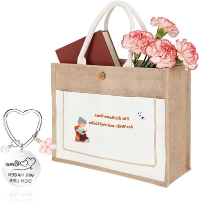 Jute Tas met Sleutelhanger voor Verjaardag, Herbruikbare Vouwbare Winkeltas, Perfect Cadeau voor Grootmoeders en Kleinkinderen, Origineel Geschenkidee voor Vrouwen