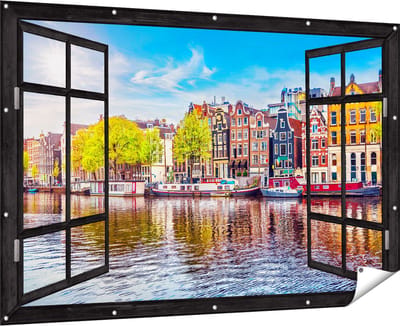 Gards Tuinposter Doorkijk Amsterdamse Huisjes aan het Water - 180x120 cm - Tuindoek - Tuindecoratie - Wanddecoratie buiten - Tuinschilderij