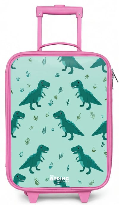 NoBoringSuitcases.com® - Kinderkoffer roze - Kindertrolley meisje - Vriendelijke T. rex tussen sporen - Koffer kind lichtgewicht - Reiskoffer trolley voor kinderen - Koffertje met lichtgevende wieltjes - Rolkoffer