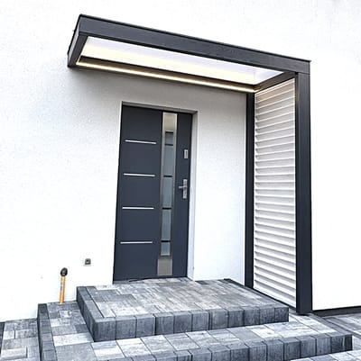 Deurluifel TUNDRA 90 x 200 x 250 cm - Antraciet - Moderne Luifel met Zijpaneel (L/R) - BSH Constructiehout (Brettschichtholz) en Gehard Glas - model T20 – Zinken Rand - inclusief Montage op Locatie