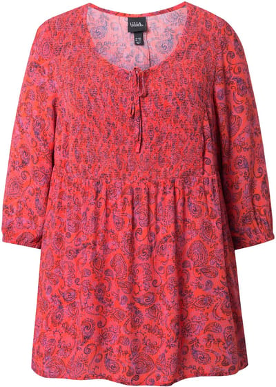Ulla Popken - Dames - Gerimpelde blouse ronde hals 3/4-mouwen achterplooi - Koraal - Maat 46+