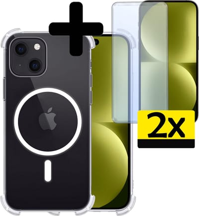 Hoesje - Met 2x Screenprotector - Geschikt voor Apple iPhone 15 - Magsafe Compatible - Sterk & Shockproof - Back Cover - Shock Proof Case - Telefoon Hoes - Telefoonhoesjes - Transparant
