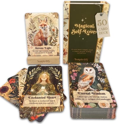Magisch zelf-liefde affirmatiekaarten - 50 premium positieve bevestigingskaarten met unieke illustraties, houten displaystandaard en geschenkdoos - zelfzorg, mindfulness en meditatiegeschenk