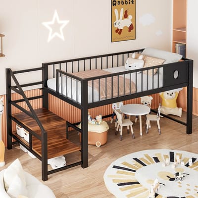 KOMHTOM - Laag hoogslaper voor kinderen - 90 x 200 cm - met opbergladder - stevig metalen frame - geschikt voor kinderen en tieners - zwart