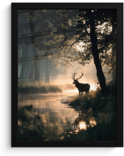 Poster in lijst - Fotolijst 30x40 cm - Posters - Hert - Bosbeek - Mystiek - Posterlijst zwart - Decoratie - Wanddecoratie woonkamer - Muurdecoratie slaapkamer