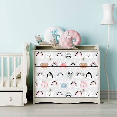 Sticker voor kindermeubels met vrolijke dieren en regenbogen, 40 x 60 cm