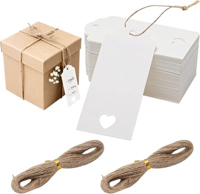 Set van 200 Witte Kraft Papieren Cadeaulabels 4.5 x 9.5 cm met 2 x 20 m Jute Touw, Perfect voor Jam Potten, Trouwen en DIY Cadeauverpakking