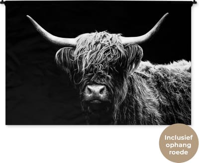 Wandkleed - Wanddoek - Schotse Hooglander - Koe - Zwart - Wit - Dieren - 180x120 cm - Wandtapijt