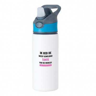 Hacebo® - ik heb de meest geweldige tante van wereld (klopt, deze mok heb ik van haar) waterfles met rietje blauw - de meest geweldigste tante - verjaardagscadeau - verjaardag - cadeau - cadeautje voor tante - water fles - 650ML