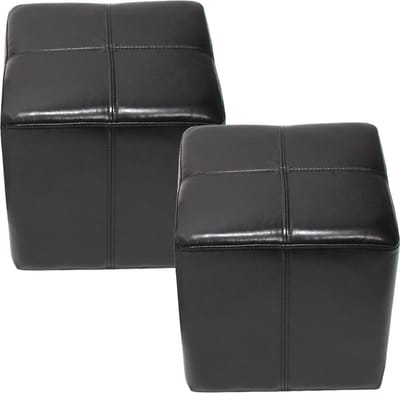 Set van 2 kubuskrukken Onex kruk, leer + kunstleer, 36x36x36cm MVG-gecertificeerd ~ zwart