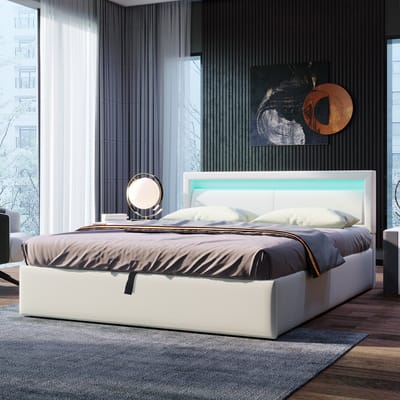Polsterbed 140*200 cm met lattenbodem, opbergruimte en verlicht hoofdgedeelte in diverse kleuren: wit hoofdgedeelte & kunstleer