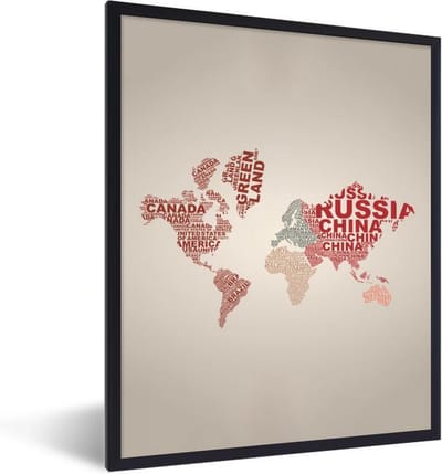 Poster in lijst - Fotolijst 60x80 cm - Posters - Wereldkaart - Letters - Land - Posterlijst zwart - Decoratie - Wanddecoratie woonkamer - Muurdecoratie slaapkamer