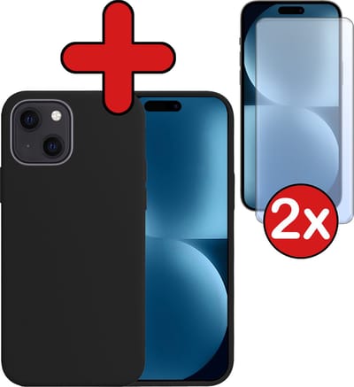 Hoesje - Met 2x Screenprotector - Geschikt voor Apple iPhone 15 - Sterk & Shockproof - Telefoon Hoes - Back Cover - Siliconen Case - Telefoonhoes - Zwart