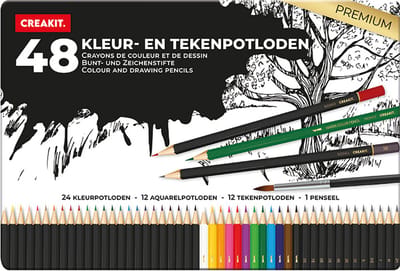 CREAKIT. Kleur– en Tekenpotloden met Penseel in Blik – 48 Stuks – Potloden Tekenen – 24 Kleurpotloden, 12 Aquarelpotloden en 12 Tekenpotloden – Potloden Set – Hout – Meerkleurig