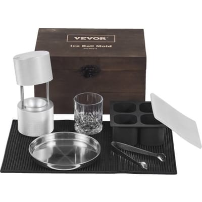 VEVOR ijsblokjesmachine ijsblokjesvormenset 60 mm, ijsblokjesvorm ijsbalvorm met lekbak & ijstang & glas, duurzame ijsblokjesvormen ijsblokjescontainer zilver whisky, Americano