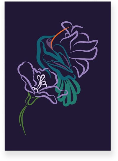 Poster 20x30 cm - Kolibrie - Vogel - Bloemen - Donkerblauw - Groen - Minimalistisch - Botanisch - Muurdecoratie - Wanddecoratie