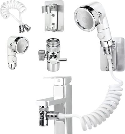 Handdouche voor Wastafel: Handdouche Set voor Haarwassen, Wandmontage, Slang en Converter voor Ouderen, Huisdieren en Personen met Beperkingen (Wit)